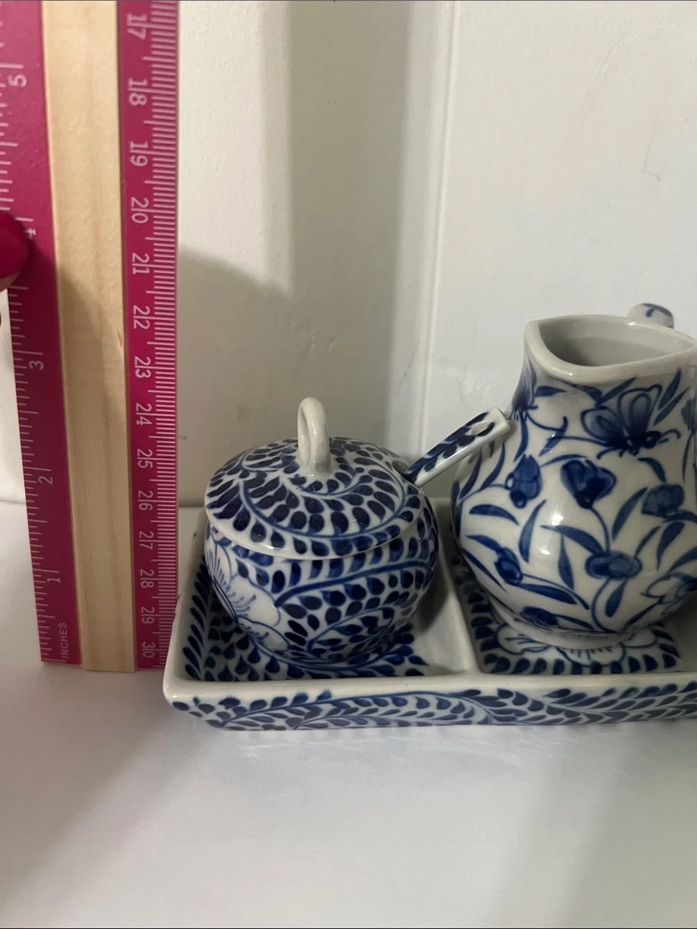 Vintage Blue White Talavera Style Floral Sugar Cream Condiment Set Tray & Spoons